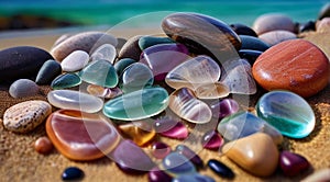 beautiful beach colored stones in the beach side with waves at the night, phosphorus stones, colored beach stones background