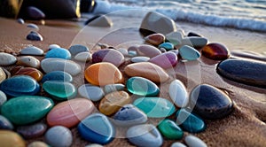 beautiful beach colored stones in the beach side with waves at the night, phosphorus stones, colored beach stones background