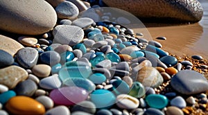 beautiful beach colored stones in the beach side with waves at the night, phosphorus stones, colored beach stones background