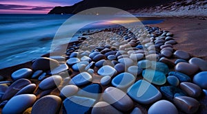 beautiful beach colored stones in the beach side with waves at the night, phosphorus stones, colored beach stones background