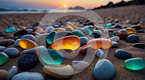 beautiful beach colored stones in the beach side with waves at the night, phosphorus stones, colored beach stones background