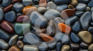 beautiful beach colored stones in the beach side with waves at the night, phosphorus stones, colored beach stones background