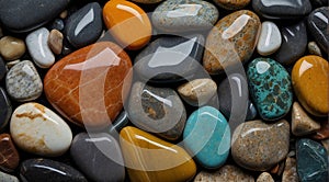 beautiful beach colored stones in the beach side with waves at the night, phosphorus stones, colored beach stones background