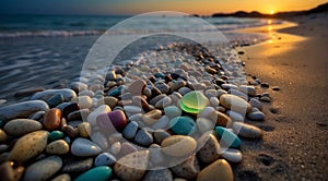 beautiful beach colored stones in the beach side with waves at the night, phosphorus stones, colored beach stones background