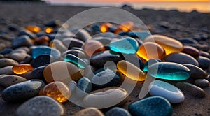 beautiful beach colored stones in the beach side with waves at the night, phosphorus stones, colored beach stones background