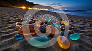 beautiful beach colored stones in the beach side with waves at the night, phosphorus stones, colored beach stones background