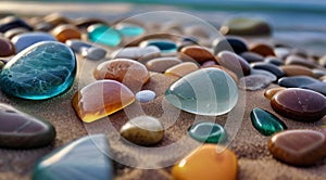 beautiful beach colored stones in the beach side with waves at the night, phosphorus stones, colored beach stones background