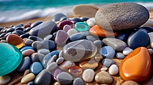 beautiful beach colored stones in the beach side with waves at the night, phosphorus stones, colored beach stones background