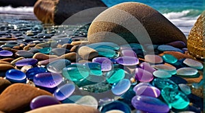 beautiful beach colored stones in the beach side with waves at the night, phosphorus stones, colored beach stones background