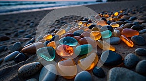 beautiful beach colored stones in the beach side with waves at the night, phosphorus stones, colored beach stones background