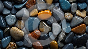 beautiful beach colored stones in the beach side with waves at the night, phosphorus stones, colored beach stones background