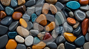 beautiful beach colored stones in the beach side with waves at the night, phosphorus stones, colored beach stones background