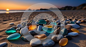 beautiful beach colored stones in the beach side with waves at the night, phosphorus stones, colored beach stones background