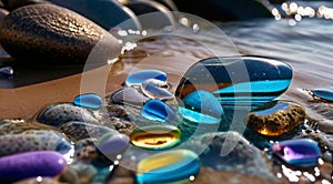 beautiful beach colored stones in the beach side with waves at the night, phosphorus stones, colored beach stones background