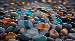 beautiful beach colored stones in the beach side with waves at the night, phosphorus stones, colored beach stones background