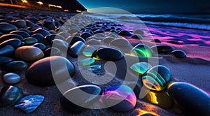 beautiful beach colored stones in the beach side with waves at the night, phosphorus stones, colored beach stones background