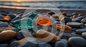 beautiful beach colored stones in the beach side with waves at the night, phosphorus stones, colored beach stones background