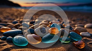 beautiful beach colored stones in the beach side with waves at the night, phosphorus stones, colored beach stones background