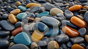 beautiful beach colored stones in the beach side with waves at the night, phosphorus stones, colored beach stones background