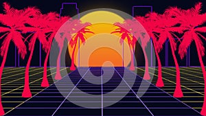 Beautiful beach evening, sunset, synth wave and retro wave, vaporwave futuristic aesthetics