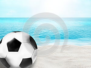 Beautiful beach football soccer ball 3D ball sand water background