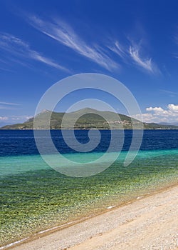 Beautiful beach Greek spa resort with the hot springs of Loutra-Edipsou on the island of Evia Euboea in the Aegean Sea