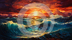 Beautiful beach with large ocean waves at sunset abstract watercolor.