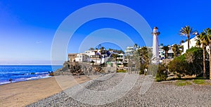Beautiful beach with lighthouse Playa del Aguila, Bahia Feliz, Grand Canary island