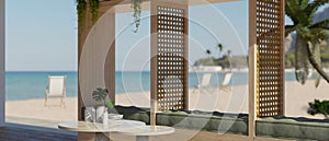 A beautiful beach lounge or beach cafe with relaxation area and beautiful beach view