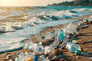 Beautiful beach marred by overwhelming plastic waste highlighting environmental concerns. Concept