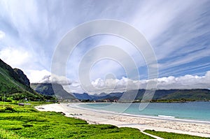 Beautiful beach and mountains in Norway on Lofoten islands