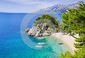 Beautiful beach near Brela town, Dalmatia, Croatia. Makarska riviera, famous landmark and travel touristic destination in Europe