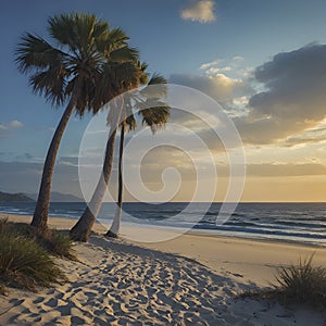 Beautiful Beach with ocean landscape and palm trees. Beach illustration. AI-Generated.