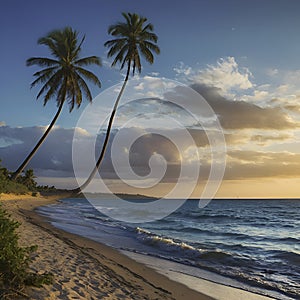 Beautiful Beach with ocean landscape and palm trees. Beach illustration. AI-Generated.