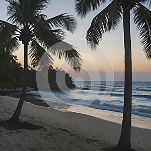 Beautiful Beach with ocean landscape and palm trees. Beach illustration. AI-Generated.