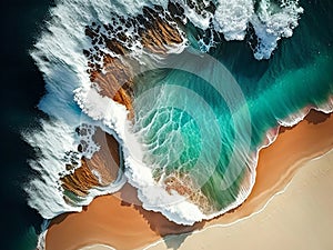 Beautiful beach and ocean waves top view from drone