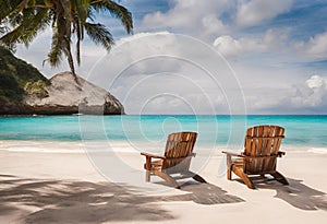 Beautiful Beach with Palm Tree and Chairs