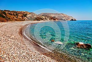 Beautiful beach on Petra tou Romiou (The rock of the Greek), Aphrodite& 39;s legendary birthplace in Paphos, Cyprus island, photo