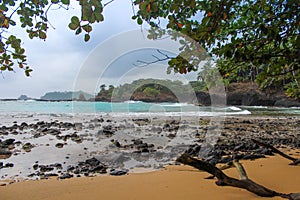 The beautiful beach Piscina in island of Sao Tome and Principe