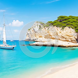 Beautiful beach with sailing boat yacht, Cala Macarelleta, Menorca island, Spain. Yachting, travel and active lifestyle concept