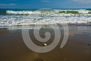 Beautiful beach, on the sand roll frothy waves