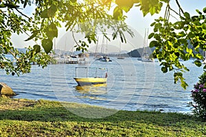 Beautiful beach scene and fishing boat