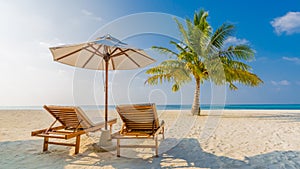 Beautiful beach scene, sun beds and relaxing mood, romantic beach background