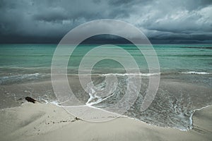 Beautiful beach Skagsanden in Flakstad, Lofoten islands in Norway in summer time