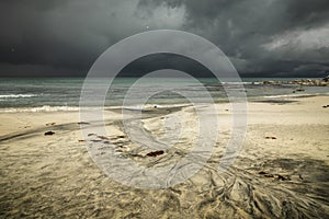 Beautiful beach Skagsanden in Flakstad, Lofoten islands in Norway in summer time