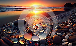 Beach at Sunset with colorful Glowing rocks ,pebbles ,ambers and agates AI generated Illustration photo