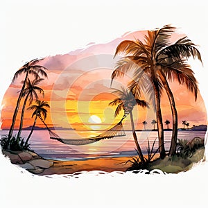 beautiful Beach Sunset Hammock strung clipart illustration