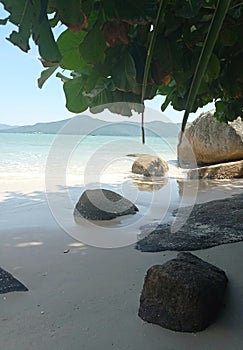 beautiful beach surrounded by vegetation, rocks and blue sea photo