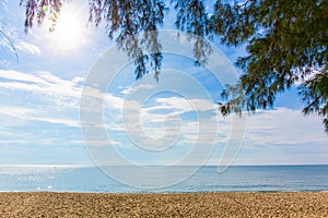 Beautiful beach in Thailand. View of sunlight tropical sea beach with coconuts palms. Tropical sand beach holiday for background