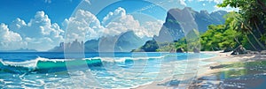 A beautiful beach on a tropical island with ocean waves, blue sky and mountains in the background. Digital art style.